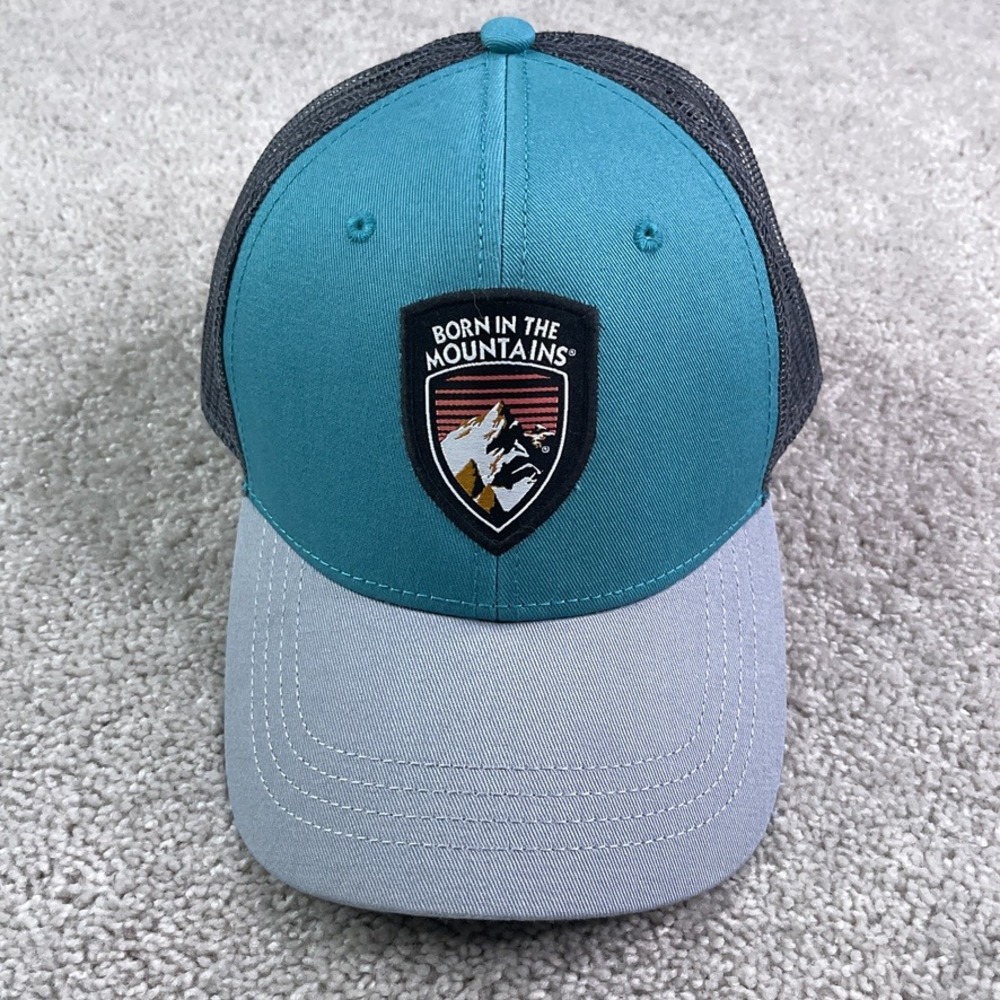 KUHL Hat Cap Blue Grey Snapback Trucker Born In The Mountains Mens Adjustable